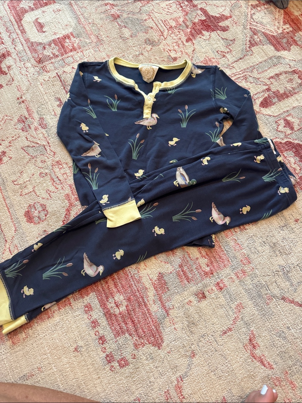 The Beaufort Bonnet Company Navy Duck-Print Kids Pajama Set with Yellow Trim
